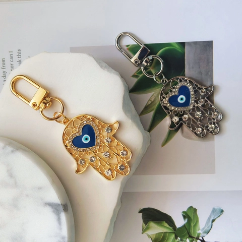Vintage Legering Holle Hamsa Hand Sleutelhanger Met Hart Boze Oog Strass Hanger Etnische Stijl Tas Bedel Sleutelring Voor Vrouwen