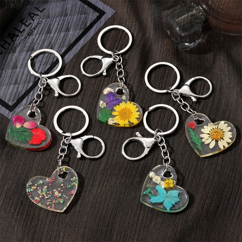 Herzform Acryl Schlüsselanhänger Mit Echten Getrockneten Blumen Klar Süß Harz Floral Tasche Anhänger Geschenk Für Damen Schmuck