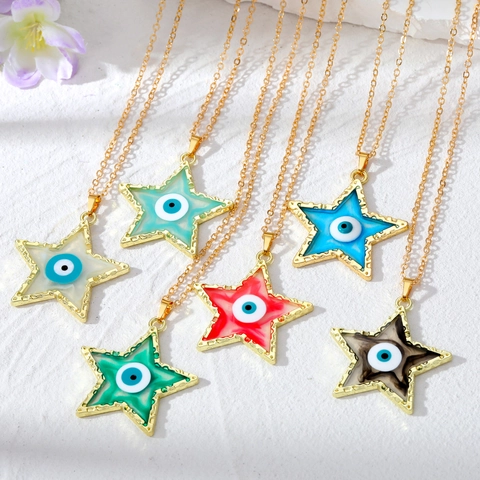 Collier Pendentif Pentagramme Mauvais Œil en Alliage Vintage pour Femme Chaîne de Pull Étoile à Goutte d'Huile Personnalisée Bijoux de Mode