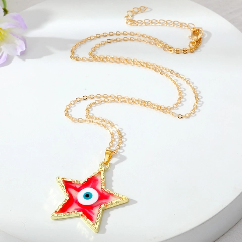 Collier Pendentif Pentagramme Mauvais Œil en Alliage Vintage pour Femme Chaîne de Pull Étoile à Goutte d'Huile Personnalisée Bijoux de Mode