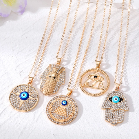 Vintage Gold Plated Alloy Evil Eye Pendant Necklace For Women Rhinestone Hamsa Hand Pharaoh Pyramid Mystical Jewelry Gift