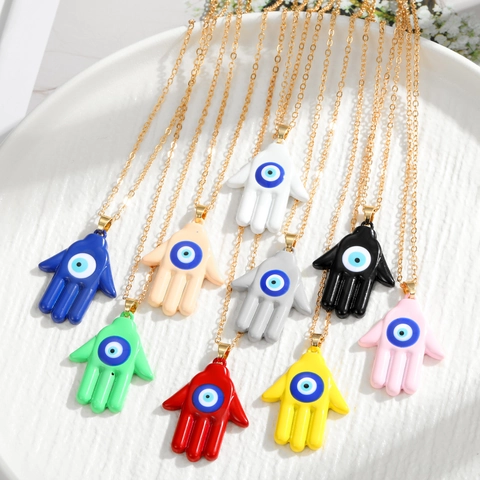 Vintage Alloy Hamsa Hand Evil Eye Pendant Necklace Gold Chain Enamel Drip Oil Protection Amulet Jewelry For Women Men Gift