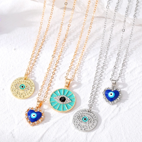 Vintage Alloy Evil Eye Pendant Necklace For Women Heart Round Drip Oil Inlaid Rhinestone Enamel Exotic Jewelry Gift Sweater Chain