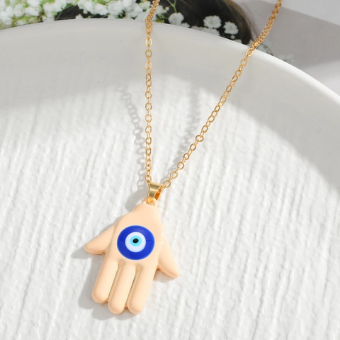 Vintage Alloy Hamsa Hand Evil Eye Pendant Necklace Gold Chain Enamel Drip Oil Protection Amulet Jewelry For Women Men Gift