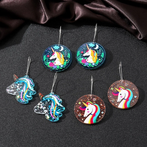 Acrylic Unicorn Drop Earrings Dreamy Cartoon Animal Pattern Round Colorful Glitter Handmade Fashion Jewelry For Women Kids