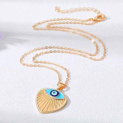 Vintage Alloy Evil Eye Pendant Necklace Heart Fan Shaped Turkish Amulet Gold Silver Rhinestone Fashion Jewelry For Women Men