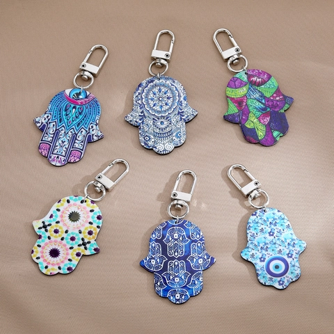 Bohemian Hamsa Hand Evil Eye Keychain Vintage Mandala Painted Acrylic Bag Charm For Women Ethnic Fashion Jewelry Key Ring