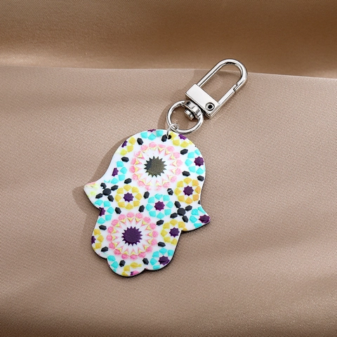 Bohemian Hamsa Hand Evil Eye Keychain Vintage Mandala Painted Acrylic Bag Charm For Women Ethnic Fashion Jewelry Key Ring