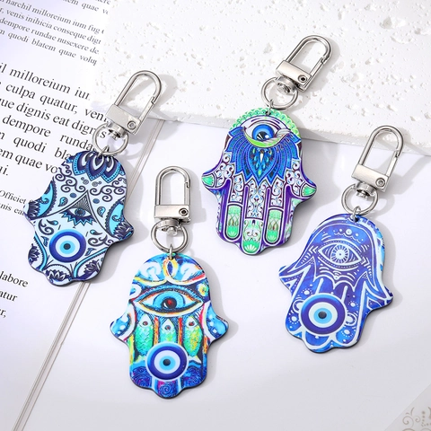 Vintage Hamsa Hand Evil Eye Keychain Acrylic Mandala Painted Pendant Keyring For Bags Car Accessories Ethnic Jewelry Gift