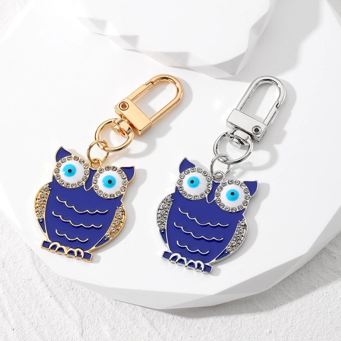 Llavero de Búho de Aleación Esmaltada Vintage Ojo Turco Colgante de Strass Anillo de Metal Decoración de Bolso Hombre Mujer