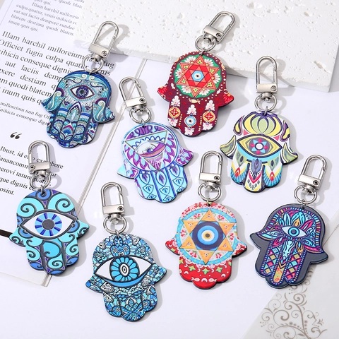 Vintage Ethno-Stil Bohemian Hand der Fatima Schlüsselanhänger Bemalt Acetatplatte Legierung Anhänger Für Damen Tasche Schmuck