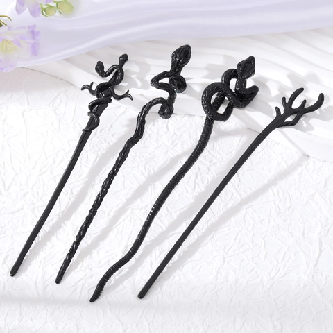 Vintage Punk Metall Haarstab Schwarz Schlange Geweih Haargabel Gothic Dunkler Stil Haarschmuck Accessoires Für Lange Haare Damen