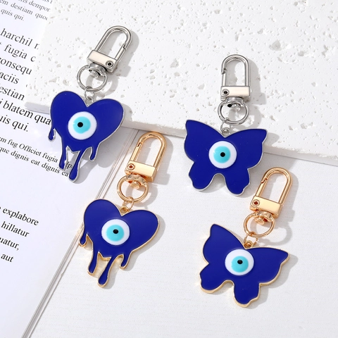 Evil Eye Heart Butterfly Alloy Drip Oil Keychain Blue Enamel Pendant Fashion Jewelry Key Ring For Women Bag Accessories