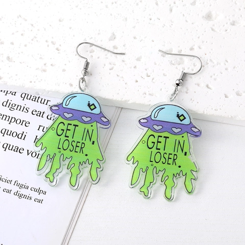Funny Alien UFO Acrylic Drop Earrings Colorful Graphic Print Dangle Earrings For Women Teens Kids Cartoon Jewelry Gift