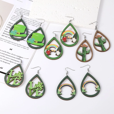Damen St. Patrick's Day Holz Wassertropfen Ohrringe Kleeblatt Regenbogen Kaktus Love Brief Ausschnitt Holz Ohrhänger Schmuck