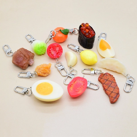 Creative Simulation Food Resin Keychain Strawberry Seafood Sushi Steak Egg Model Funny Bag Ornament For Women Kids Gift
