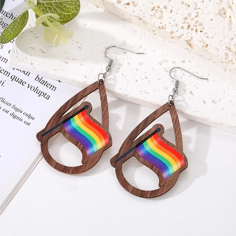 Vintage Houten Druppel Oorbellen Hout Legering Regenboog Pride Sieraden Hart Vrede Zonnebloem Oorbellen Voor Vrouwen