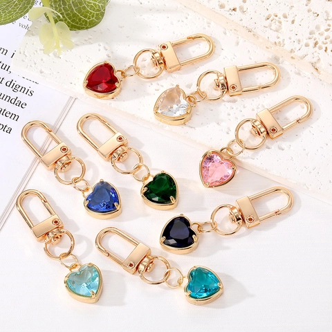 Korean Style Heart Shaped Crystal Glass Keychain Alloy Gold Plated Bag Charm For Women Girls Elegant Heart Key Ring Gift
