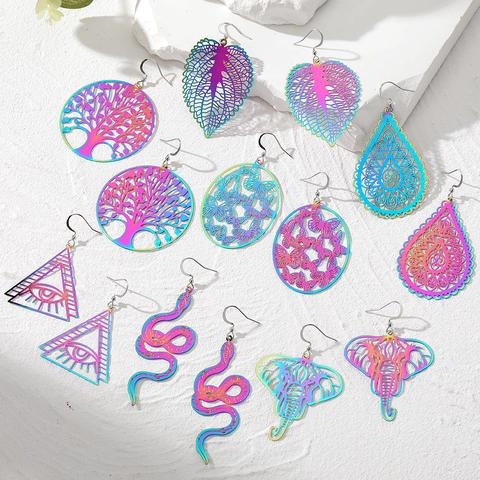 Western Rainbow Metal Hollow Drop Earrings For Women Personalized Tree Of Life Snake Butterfly Leaf Dangle Earrings Jewelry
