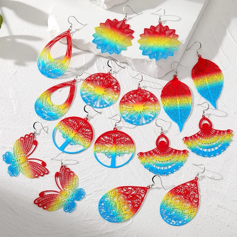 Böhmische Damen Ohrhänger Mit Regenbogen Farbverlauf Ausgehöhlte Metall Schmetterling Lebensbaum Blatt Ohrhaken Modeschmuck Geschenke