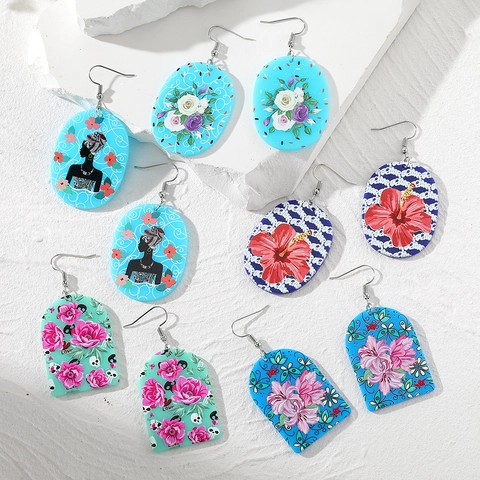 Vintage Damen Boho Acryl Ohrhänger Blumen Totenkopf Druck Afrikanische Frau Muster Ethno Stil Große Ohrringe Schmuck