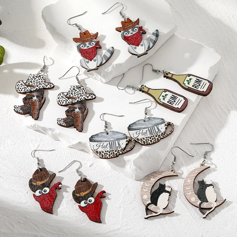 Retro Wooden Western Cowboy Style Animal Milk Bottle Dangle Earrings For Women Printed Ethnic Fashion Jewelry Accessories