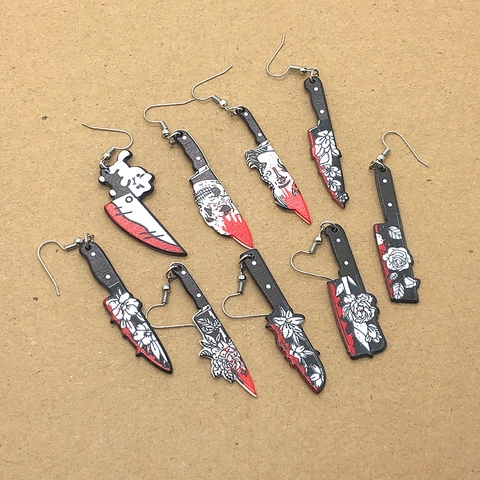 Halloween Gothic Acrylic Blood Knife Drop Earrings Skull Floral Dagger Hook Earrings For Party Women Men Personality Jewelry