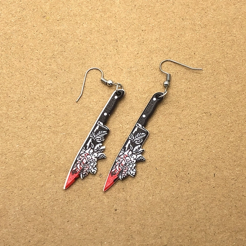 Halloween Gothic Acrylic Blood Knife Drop Earrings Skull Floral Dagger Hook Earrings For Party Women Men Personality Jewelry