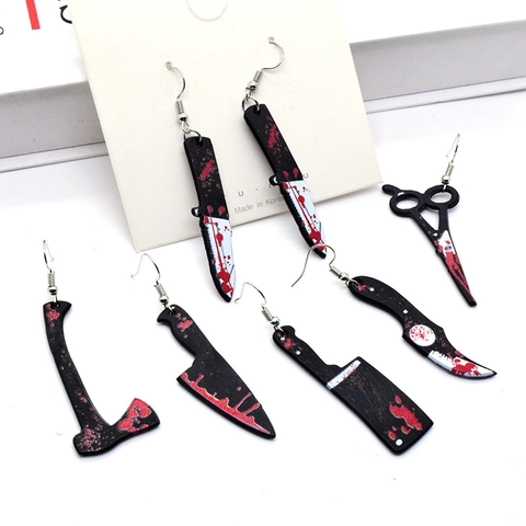 Pendientes Colgantes de Terror de Halloween Cuchillo Sangriento Hacha Tijeras Acrílico Estampado Gótico Divertido Mujer Joyería