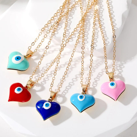 Collar de Pendiente de Mal de Ojo de Corazón de Aceite de Goteo Macaron Cobre Chapado en Oro Cadena de Acero Inoxidable