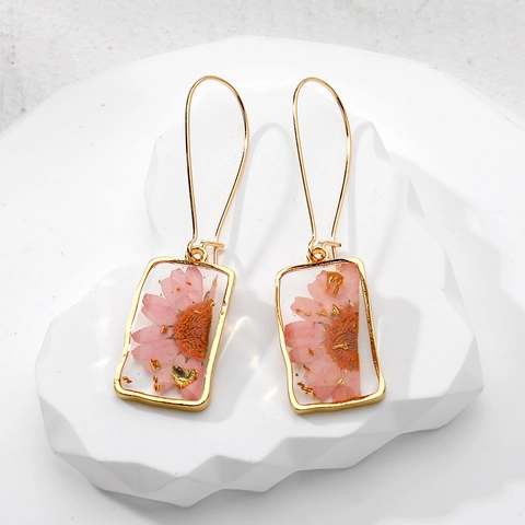 Handmade Real Dried Flower Resin Dangle Earrings With Gold Foil Rectangle Resin Casting Geometric Earrings For Women Nature Jewelry Gift