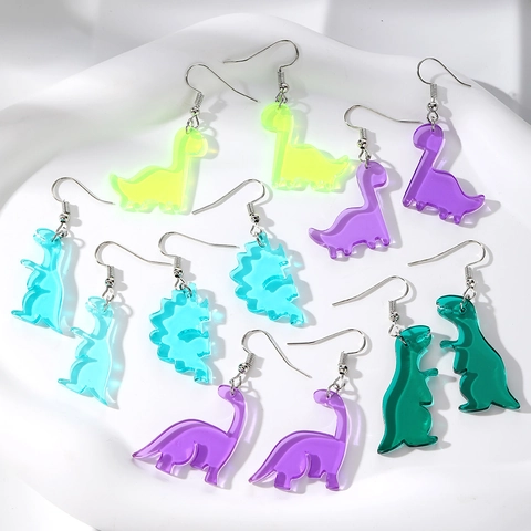 Cartoon Creative Transparent Acrylic Dinosaur Drop Earrings Quirky Jelly Color Animal Pendant Earrings For Unisex Jewelry