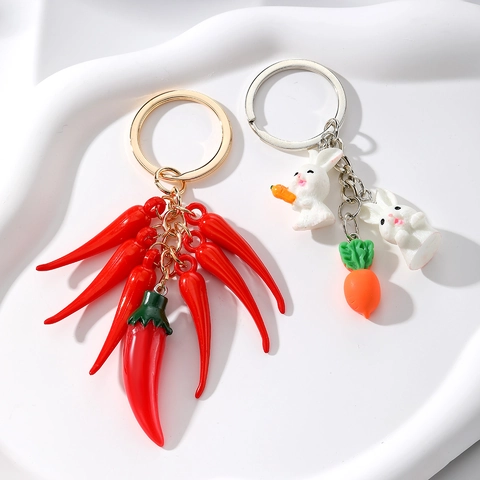Simulation Red Chili String Food Keychain Cute White Rabbit Carrot Key Ring Resin Plastic Bag Pendant Jewelry Gift