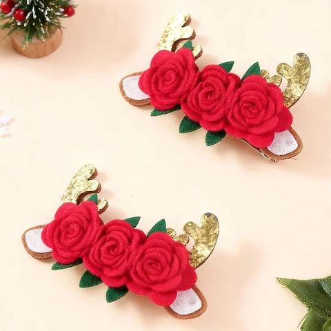 Pinzas para el Cabello de Navidad con Astas de Lentejuelas y Rosa 3D para Niñas Mujeres Rojo Oro Accesorios para el Cabello de Pico de Pato