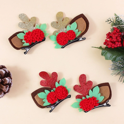 Pinzas para el Pelo con Astas de Reno de Navidad Lentejuelas Pompon Floral Pinzas de Pico de Pato Accesorios Cabello Mujer Niños