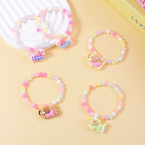 Kids Cartoon Beaded Bracelet Sweet Macaron Color Resin Dog Pendant Elastic Hand Bracelet For Girls Dopamine Style Jewelry