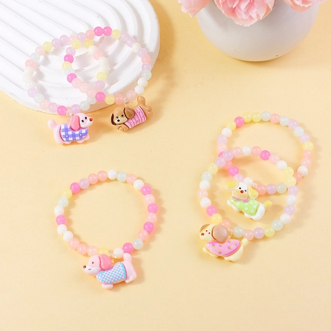 Kids Cartoon Beaded Bracelet Sweet Macaron Color Resin Dog Pendant Elastic Hand Bracelet For Girls Dopamine Style Jewelry