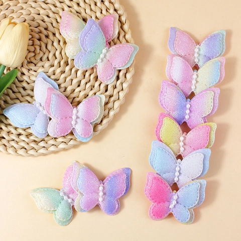 Gradient Double Layer Butterfly Bow Accessory With Artificial Pearl Glitter Polyester DIY Clothing Bag Decoration Charm