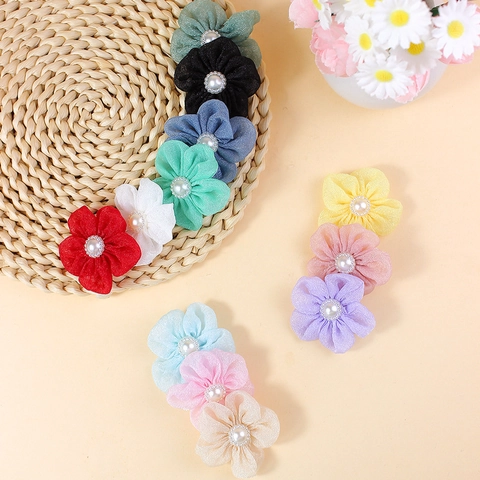 Flor de Cinco Pétalos de Tul de Malla Hecha a Mano Con Perla Artificial Strass para Accesorios Cabello DIY Adornos Costura