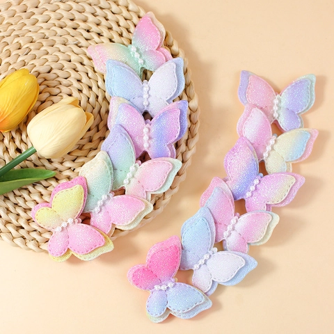 Gradient Double Layer Butterfly Bow Accessory With Artificial Pearl Glitter Polyester DIY Clothing Bag Decoration Charm