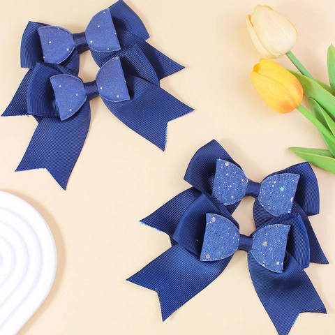 Navy Blue Sequin Double Layer Bow Hair Clips For Women Girls Grosgrain Ribbon Swallowtail Hair Accessories Ponytail Clips