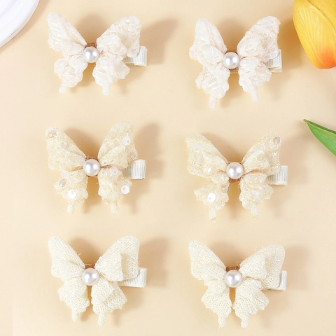 Juego de Pinzas para el Cabello con Lazo de Mariposa de Encaje Hecho a Mano para Niñas Blanco Crema Perla Artificial