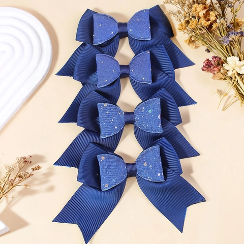 Navy Blue Sequin Double Layer Bow Hair Clips For Women Girls Grosgrain Ribbon Swallowtail Hair Accessories Ponytail Clips