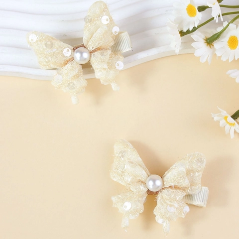 Juego de Pinzas para el Cabello con Lazo de Mariposa de Encaje Hecho a Mano para Niñas Blanco Crema Perla Artificial