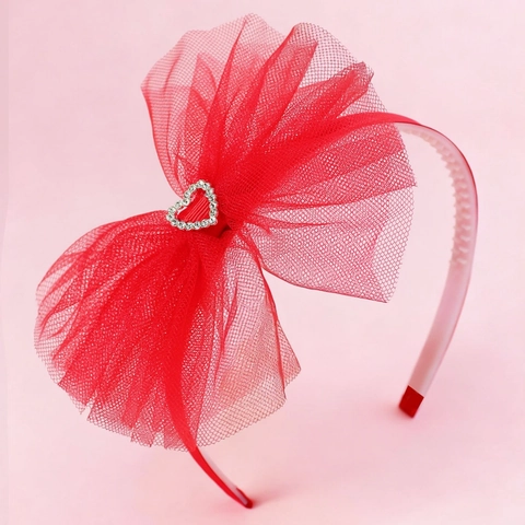 Süße Prinzessin Rot Netzgewebe Schleife Haarreif Mit Künstliche Perle Herz Strass Handgefertigt Haarschmuck Für Mädchen Kinder Party