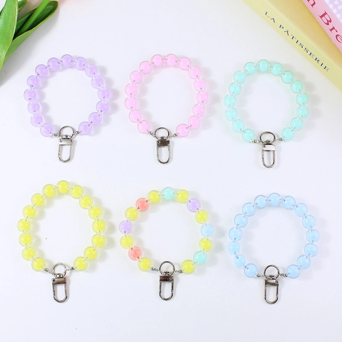 Acrylic Jelly Color Beaded Keychain Lanyard Sweet Macaron Transparent Round Beads Bag Charm Key Ring Accessory For Women
