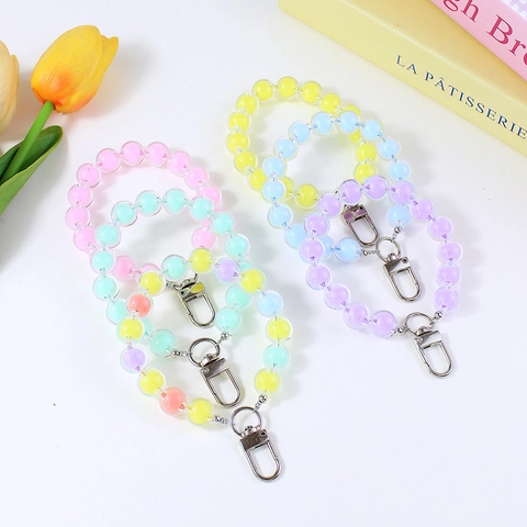 Acrylic Jelly Color Beaded Keychain Lanyard Sweet Macaron Transparent Round Beads Bag Charm Key Ring Accessory For Women