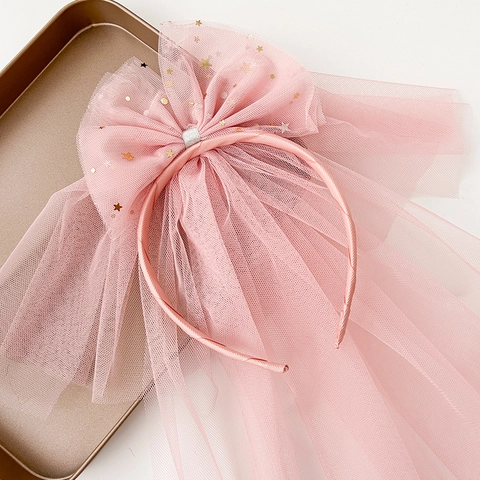 Serre-tête Voile de Princesse en Maille avec Couronne pour Enfants Nœud Paillettes Étoiles Coiffe Longue en Tulle pour Fête d'Anniversaire Mariage