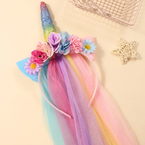 Kids Rainbow Unicorn Headband With Long Colorful Mesh Veil Artificial Flowers Tassel Princess Hairband For Birthday Party
