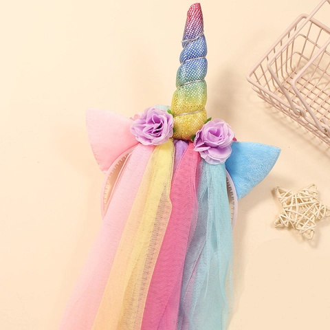Kids Rainbow Unicorn Headband With Long Colorful Mesh Veil Artificial Flowers Tassel Princess Hairband For Birthday Party